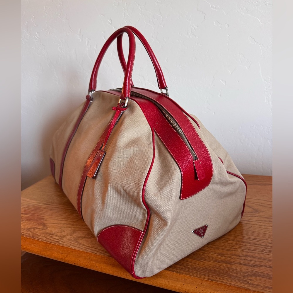SOLD! Prada Red Leather and Tan Canvas Duffle Bag